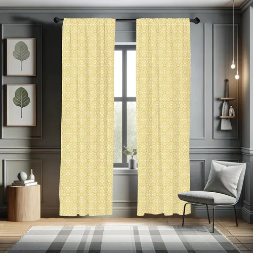 Vista 5 de Lunarable Yellow and White Window Curtains, Rococo Blooms Damask Motifs with Moroccan Effects Work of Art Print, Lightweight Decor 2-Panel Set with