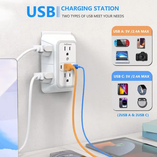Vista 3 de JcBlaon Protector de sobretensiones extensor de salida, divisor de 6 salidas con 4 puertos USB (2 USB C), adaptador de pared de 4 lados 1050 J