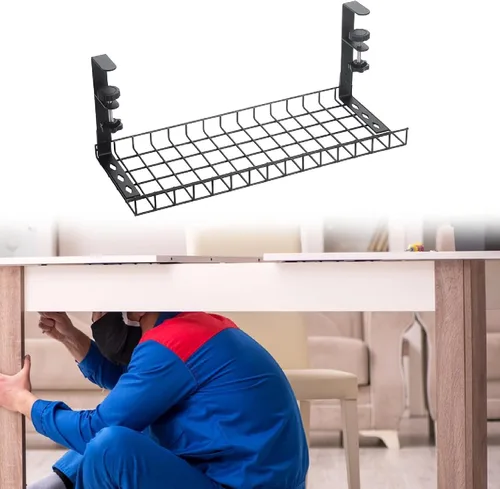 Vista 6 de Under Desk Cable Management Tray, Adjustable Carbon Steel Cable Raceway (35x18.5x19.5cm/13.8x7.3x7.7in) for Office Home Kitchen