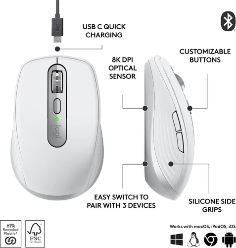 Vista 8 de Logitech MX Keys Mini teclado + mouse inalámbrico MX Anywhere 3S - Escritura fluida, teclas retroiluminadas, desplazamiento rápido, USB-C