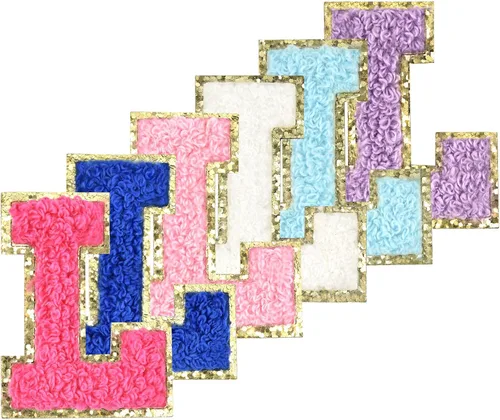Vista 19 de 6 piezas de parches de letras de chenilla autoadhesivas con purpurina para planchar, parches de letras universitarias estilo preppy, letras difusas