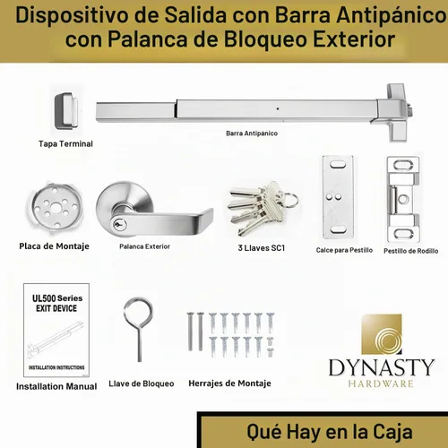 Vista 7 de Dynasty Hardware dispositivo de salida de pánico, barra para empujar, de aluminio, con palanca exterior