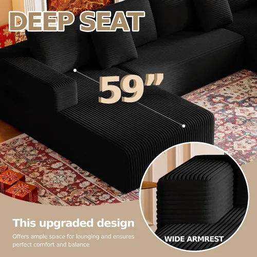 Vista 7 de Sofá modular sin hueso de 134.6 pulgadas para sala de estar, sofá modular de pana en forma de U con diván y almohadas, sofá seccional de 4 asientos