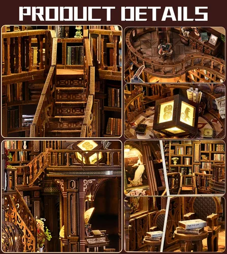 Vista 6 de Roroom Kit de casa en miniatura para bricolaje, rincón de libros de ensueño con luz LED, rompecabezas de madera 3D, kit de casa de muñecas