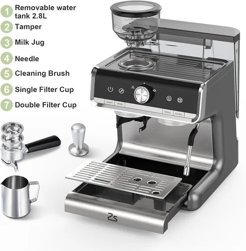 Vista 8 de Máquina de café expreso con molinillo y espumador de leche, cafetera de 20 barras con tanque de agua de 95 onzas, cafetera profesional 3 en 1