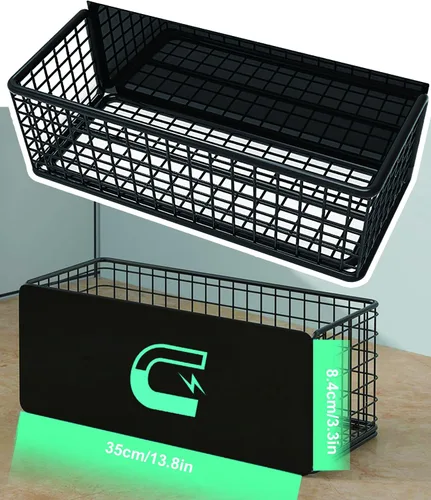 Vista 10 de Cesta magnética para nevera, soporte magnético grande para bolígrafo, pizarra blanca, cesta de alambre de metal, organizador de artículos Negro-Alto