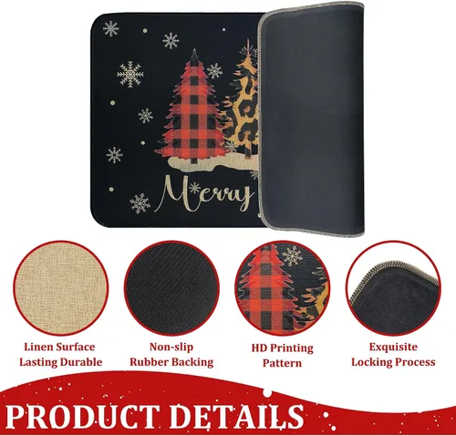 Vista 6 de Felpudo Decorativo de Navidad Feliz Navidad 30"x17" Negro, Alfombra de Puerta Temporada de Búfalo a Cuadros Árbol de Navidad Antideslizante Lavable