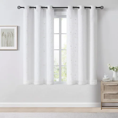 Vista 26 de Bujasso - Cortinas de hojas transparentes de 63 pulgadas, bordadas con flores, estilo granja, cortinas con filtro de luz para ventana, patrón Dorado