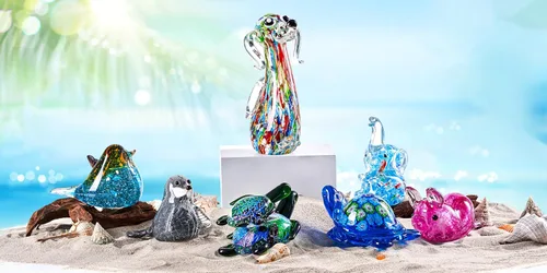 Vista 6 de EUSTUMA Figuras de tortuga marina de vidrio soplado a mano con bebés, adorno de animales marinos para decoración del hogar,Colección de animales