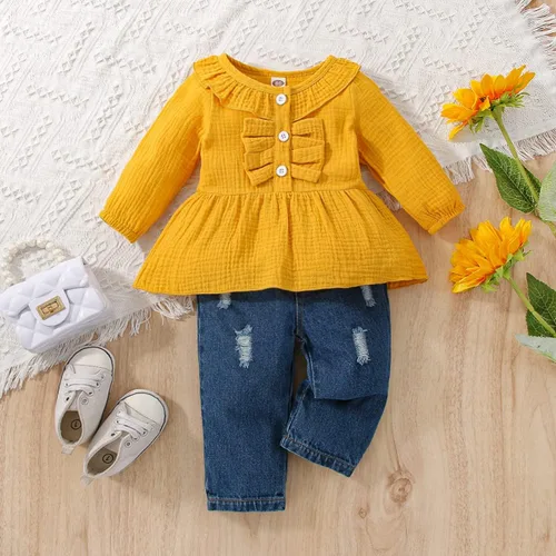 Vista 2 de JOPGEEY Toddler Girl Outfits Baby Girl Denim Jeans Clothes Winter Ruffle Shirt Top Ripped Jeans Pants Set