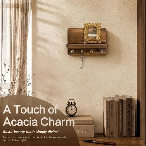 Vista 3 de Rebee Vision Soporte de pared de madera de acacia para decoración del hogar, mini llavero de 7 pulgadas para pared con 4 ganchos resistentes