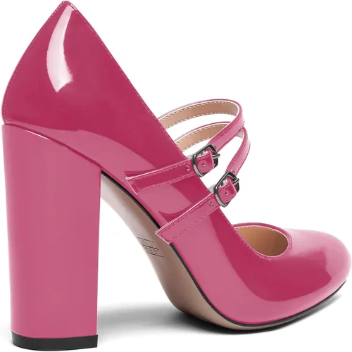 Vista 5 de SHOWFOREST Zapatos de tacón alto con correa ajustable y puntera redonda para mujer, de 4 pulgadas