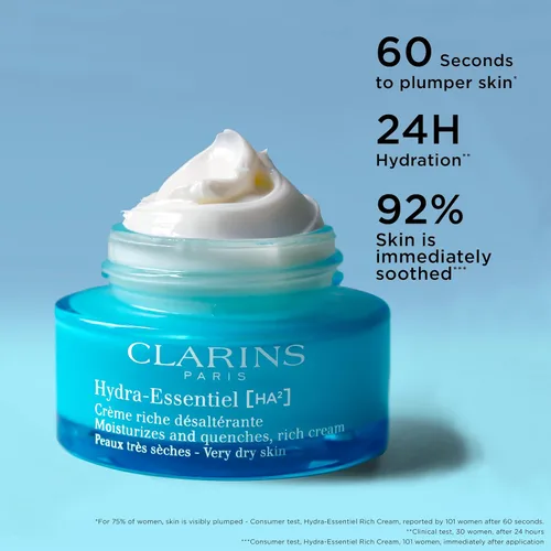 Vista 2 de Clarins Hydra-Essentiel Crema Rica Hidratante Intensamente Hidratante 60 Segundos para Piel Rellena* Nutritiva, suaviza y suaviza Ácido