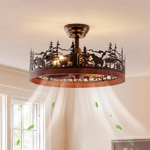 Vista 9 de 23.6 Inch Farmhouse Rustic Ceiling Fans with Lights, Vintage Walnut Wheels Flush Mount Bladeless Chandeliers Fan, Adjustable Height, Black Caged