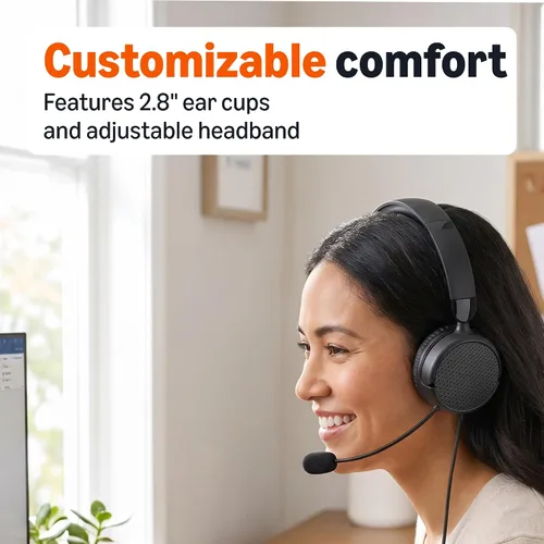 Vista 5 de Amazon Basics Auriculares con cable para computadora con micrófono ajustable, puerto de 0.1 in o control en línea con puerto USB-A, plegable, sonido