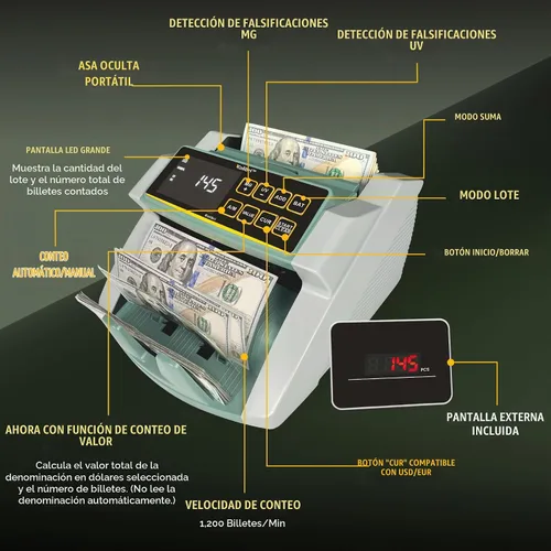 Vista 3 de Kolibri, contador de dinero con detección UV Blanco/Verde (Kolibri Uv/Mg)