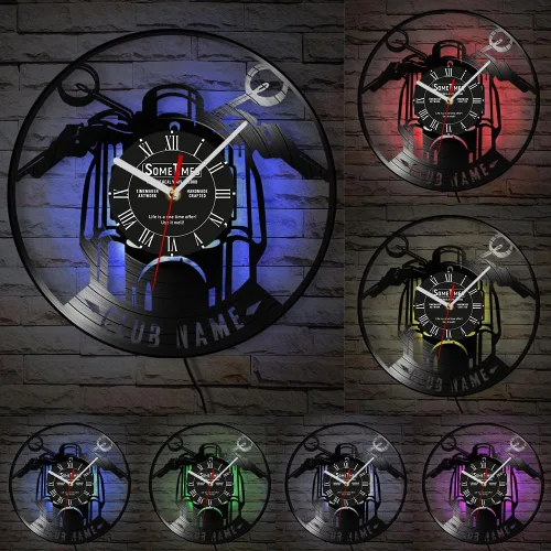 Vista 2 de The Geeky Days Reloj de pared con disco de vinilo para motocicleta, con nombre personalizado, 7 colores cambiantes, para motocicletas, garaje, reloj