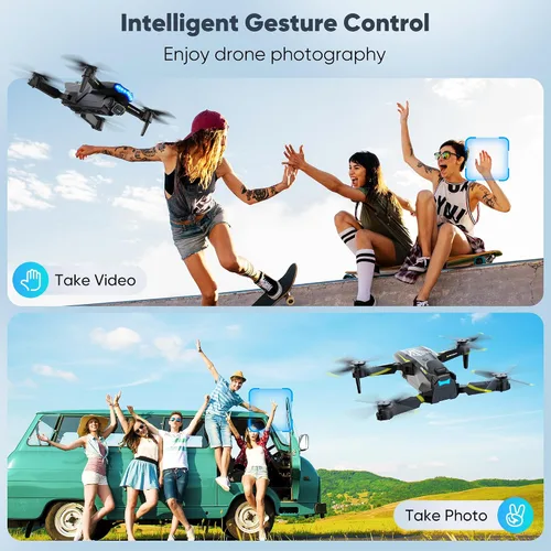 Vista 2 de Dron con cámara, Dual 720HD, Drone para niños con luces frías, control de gestos, disparo vertical, vuelo de punto de referencia, control