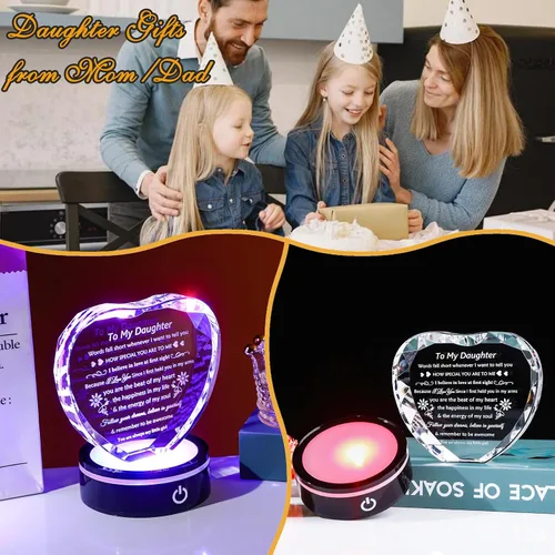 Vista 3 de YWHL Regalos para Hija de Mamá Papá Mejores Ideas de Regalos de Cumpleaños y Graduación para Hija Adulta Recuerdo de Cristal con Base de Luz Regalo