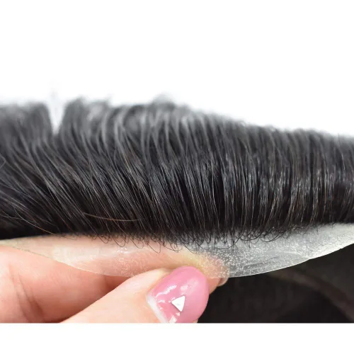 Vista 3 de Sistema de cabello para hombre, tupé de encaje suizo para hombres, piezas de cabello humano real, encaje transpirable, extensiones invisibles de #1B