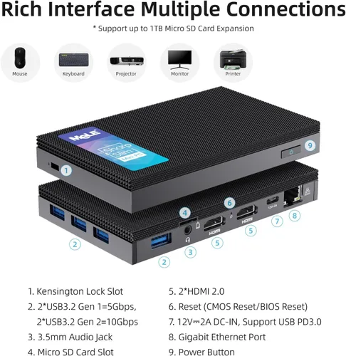 Vista 2 de MeLE Quieter3Q Mini PC Celeron N5105 - Computadora de escritorio pequeña sin ventilador 8G LPDDR4 128G ROM Micro factor de forma PC compatible