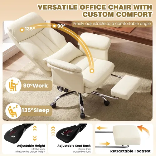 Vista 4 de Silla de oficina en casa con reposapiés, 400 libras, silla de escritorio con respaldo alto con soporte lumbar, reposabrazos suaves, sillas de Beige