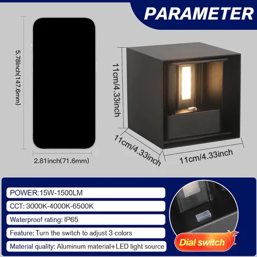 Vista 5 de Lámparas de pared LED 15W al aire libre/interior 3 colores ajustable lámpara de pared IP65 impermeable aplique de pared exterior moderno iluminación