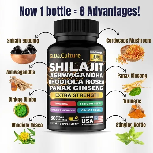Vista 6 de Paquete de musgo marino y shilajit - Combo de shilajit y musgo marino con aceite de semilla negra Ashwagandha, cúrcuma, vejiga, raíz de bardana