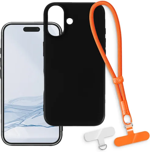 Vista 14 de Funda y correa de muñeca para iPhone 16 - transparente+negro Funda protectora 2 en 1 para teléfono de 6.1 pulgadas con cordón desmontable y Funda
