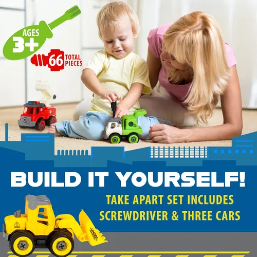 Vista 2 de Power Gearz - Juguete desmontable con destornillador y tornillos, paquete de 3 camiones para niños y niñas, camión de bomberos, camiones de basura