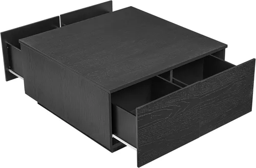 Vista 8 de SSLine Mesa de centro cuadrada con 4 cajones de almacenamiento, mesa de centro de madera negra de 33.2 pulgadas para sala de estar, mesas centrales