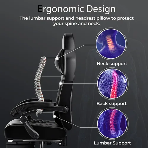 Vista 4 de POWERSTONE Silla de videojuegos con reposapiés y soporte lumbar, estilo carreras, piel sintética, ergonómica, ajustable, giratoria, color negro