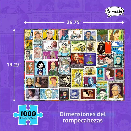 Vista 3 de Re-marks Famous Authors - Rompecabezas de collage de sellos postales, rompecabezas de 1000 piezas para todas las edades
