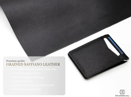 Vista 4 de Billetera plegable súper delgada, de piel auténtica, minimalista, con bolsillo frontal, para hombre, con clip para dinero, bloqueo RFID, Negro
