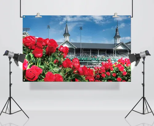 Vista 4 de Vohado Telón de fondo para cabina de fotos de Kentucky Churchill Downs 2025 con temática de carreras de caballos, decoración de pared con rosas