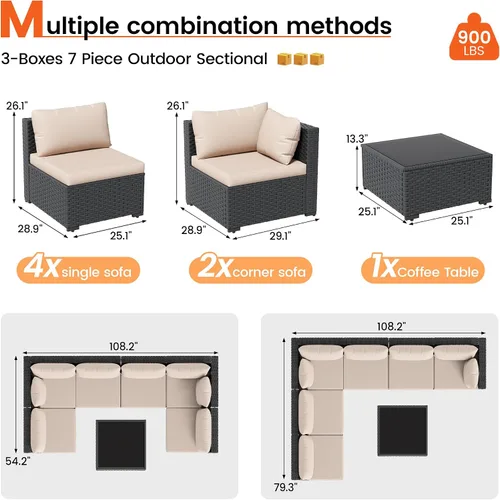 Vista 2 de Juego de muebles de patio, sofá seccional de mimbre para exteriores Beige/Negro