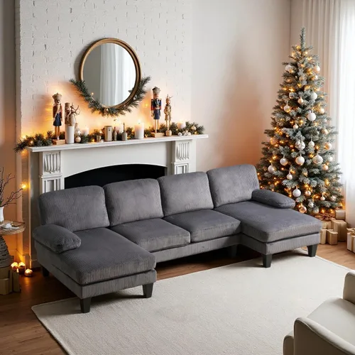 Vista 14 de VINGLI Sofá modular de 110 pulgadas para sala de estar, sofá en forma de U con diván doble, juego de sofá de 4 asientos con tela de felpilla