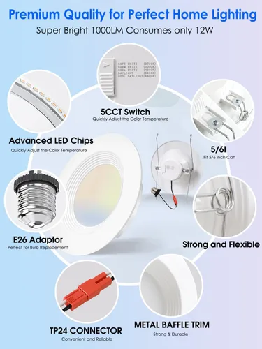 Vista 6 de Paquete de 2 luces LED empotrables 5CCT de 5/6 pulgadas, 2700 K/3000 K/4000 K/5000 K/6500K seleccionables, luces de lata regulables con borde
