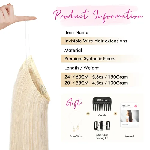 Vista 2 de REECHO - Extensiones de cabello con alambre transparente invisible, tamaño ajustable, broches de seguridad extraíbles en la extensión secreta recta