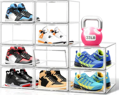 Vista 15 de 1 Pack Clear Shoe Storage Boxes Stackable, Large Sneaker Organizer with Acrylic Magnetic Door, Plastic Drop Front Shoe Containers for Men up to