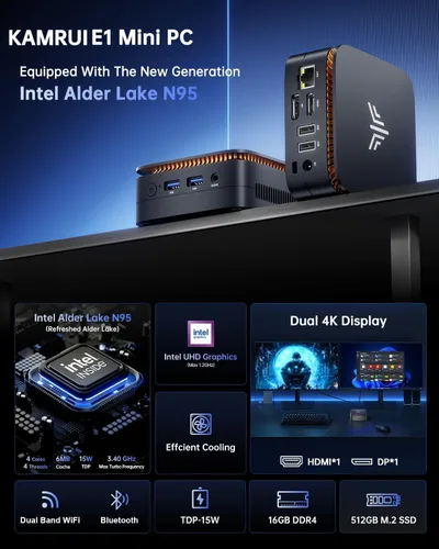 Vista 2 de KAMRUI Mini PC Celeron J3455, Mini computadora de escritorio, 86B DDR/128GB eMMC pequeña computadora 4K soporte 2.5" SSD/mSATA SSD/2.4G+5G WiFi dual