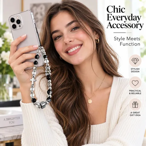 Vista 2 de Correa de muñeca con dije de teléfono cruzado, cuentas transparentes negras Plateado
