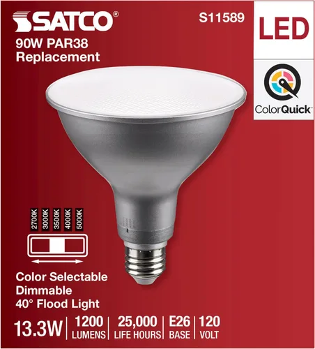 Vista 4 de Satco S11589; LED PAR38 de 13.3 vatios; base media; acabado plateado; CCT seleccionable; 120 voltios; ángulo de haz de 40 grados