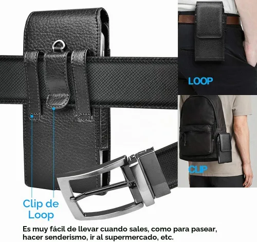 Vista 6 de Funda de cuero para iPhone 17 Pro, Samsung, Motorola, Xiaomi, funda de protección Huawei, funda de protección para teléfono con hebilla de cinturón