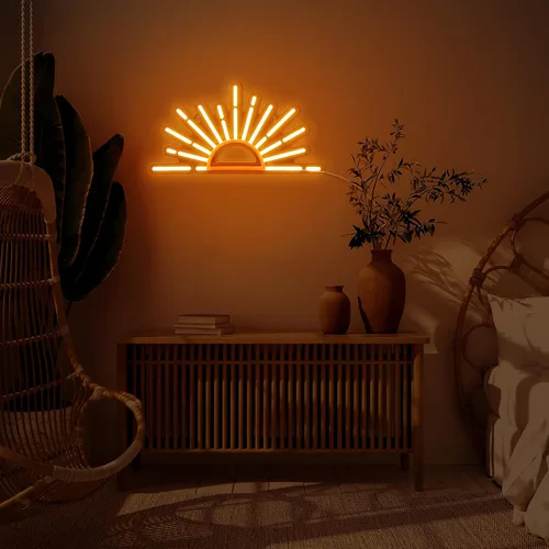 Vista 5 de Ganeen Letrero de Neón Naranja Amanecer Atardecer Arte de Pared Boho Luces de Neón para Dormitorio Sol en el Horizonte Letreros LED de Pared USB