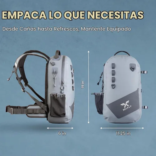 Vista 5 de Xelfly - Mochila de pesca impermeable con soporte para caña, válvula de aire inflable, correas acolchadas para la cintura y bucles para engranajes