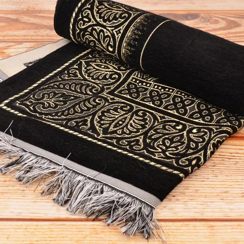 Vista 3 de BABY SHOWER CHOCOLATE Alfombra de oración islámica de terciopelo negro de lujo, Janamaz plegable suave para salah musulmana, alfombra de oración