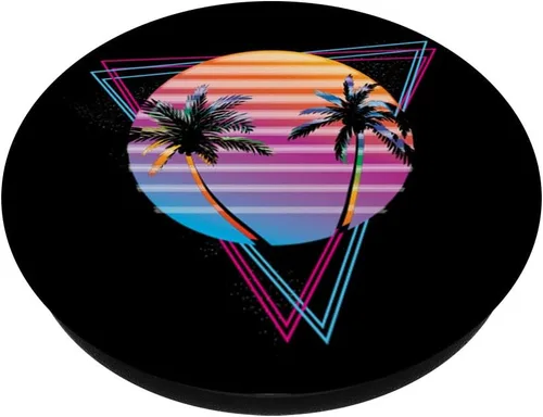 Vista 2 de Palm Sunset 80's Vibe retrowave synthwave estética PopSockets agarre y soporte para teléfonos y tabletas, Negro