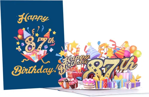 Vista 2 de iGifts And Cards Tarjeta desplegable 3D de feliz cumpleaños 87 – Diseño azul con números de purpurina, globos, pasteles y regalos – Tarjeta