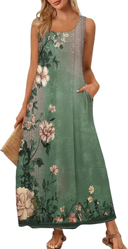 Vista 45 de Vestidos de iglesia para mujer 2025, casual, holgado, sin mangas, largo, fluido, vestido de verano con bolsillos